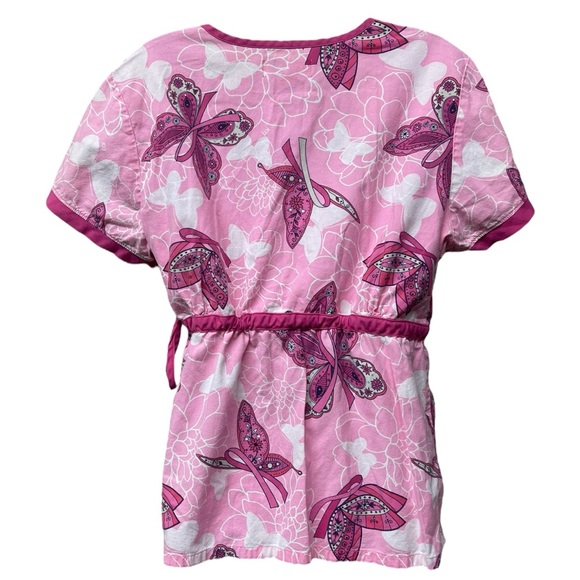 KOI Faux Wrap Scrub Top Pink Breast Cancer Ribbon Support Advocate Print Large - Picture 2 of 6